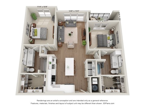 a 1 bedroom floorplan is shown in this rendering